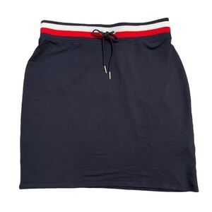 Tommy Hilfiger Navy Blue Knit Mini Skirt with Red and White Stripe Waistband. M